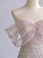 Pretty A Line Off The Shoulder Pink Sequin Long Evening Party Dress Prom Dresses With Beads