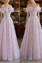 Pretty A Line Off The Shoulder Pink Sequin Long Evening Party Dress Prom Dresses