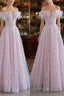 Pretty A Line Off The Shoulder Pink Sequin Long Evening Party Dress Prom Dresses