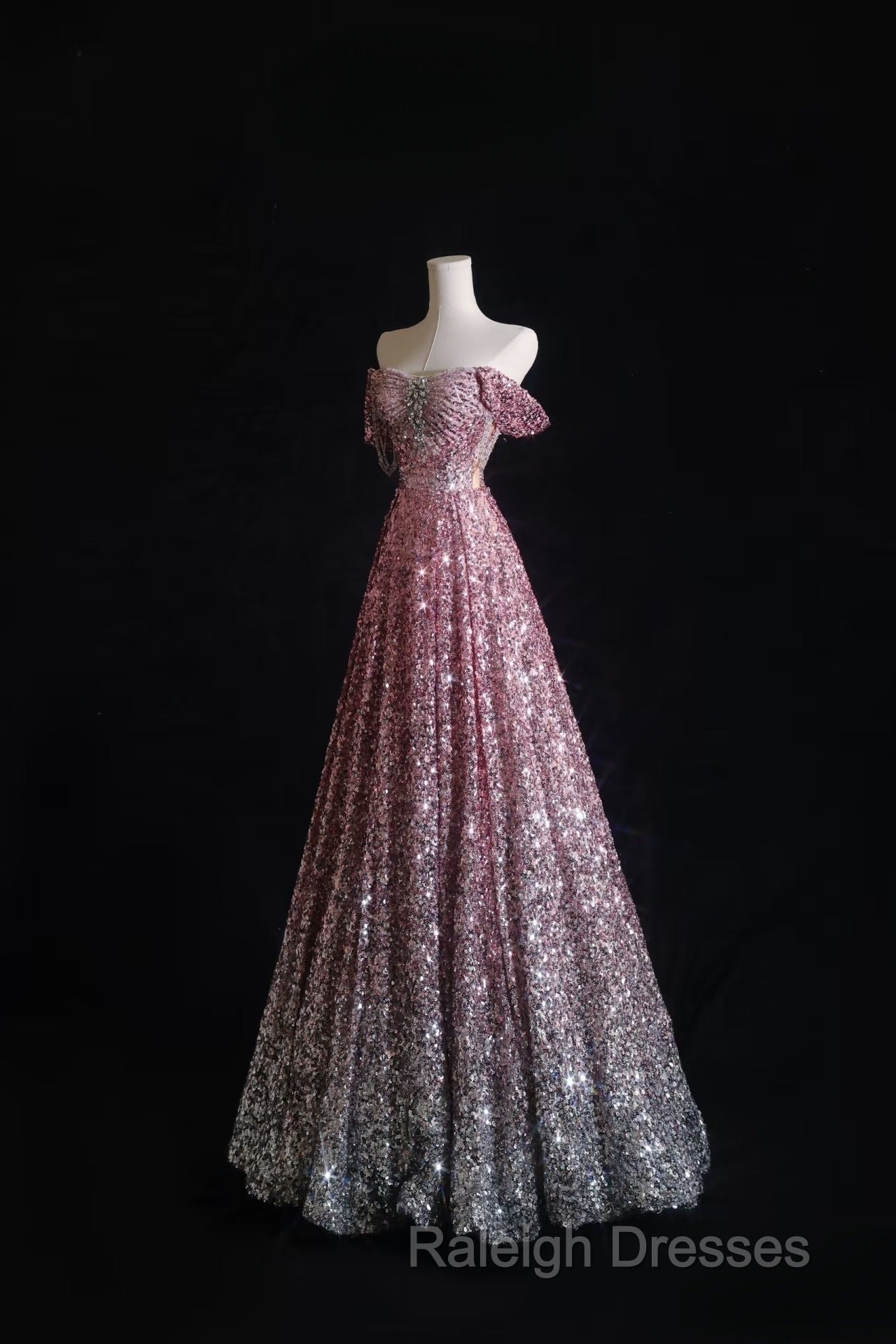 Pretty A Line Off The Shoulder Pink Sequin Long Prom Dresses Evening Gowns Secondary image
