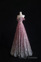 Pretty A Line Off The Shoulder Pink Sequin Long Prom Dresses Evening Gowns