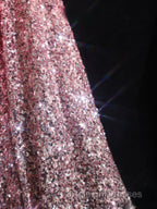 Pretty A Line Off The Shoulder Pink Sequin Long Prom Dresses Evening Gowns