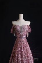 Pretty A Line Off The Shoulder Pink Sequin Long Prom Dresses Evening Gowns