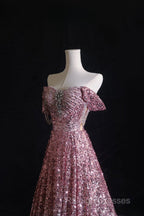 Pretty A Line Off The Shoulder Pink Sequin Long Prom Dresses Evening Gowns