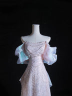 Pretty A Line Off The Shoulder Pink Sequin Long Prom Dresses Evening Gowns