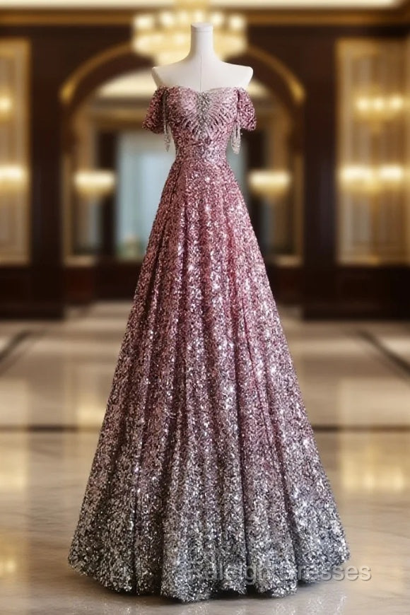 Pretty A Line Off The Shoulder Pink Sequin Long Prom Dresses Evening Gowns Main image