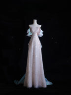 Pretty A Line Off The Shoulder Pink Sequin Long Prom Dresses Evening Gowns