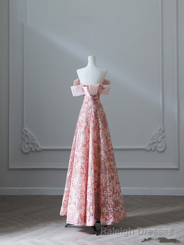 Pretty A Line Off The Shoulder Sequin Pink Floor Length Evening Dress Prom Dresses