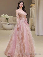 Pretty A Line Off The Shoulder Tulle Pink Floor Length Evening Dress Prom Dresses