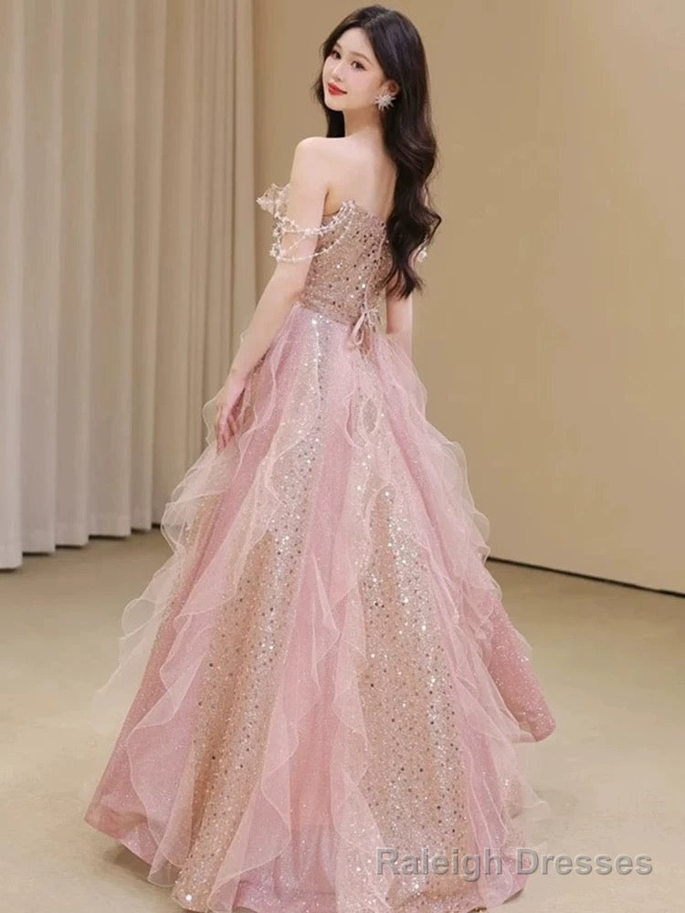 Pretty A Line Off The Shoulder Tulle Pink Floor Length Evening Dress Prom Dresses Main image