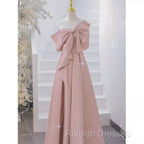 Pretty A Line One Shoulder Pink Satin Long Evening Party Dress Prom Dresses With Bowknot