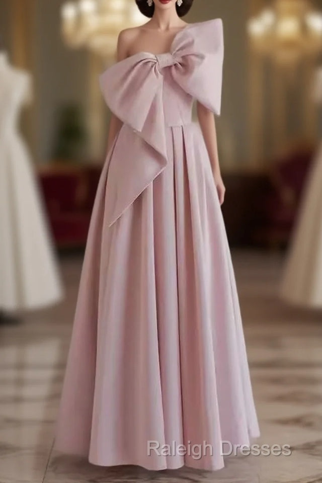 Pretty A Line One Shoulder Pink Satin Long Evening Party Dress Prom Dresses With Bowknot Main image