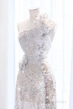 Pretty A Line One Shoulder Silver Sequin Long Length Evening Dress Prom Dresses