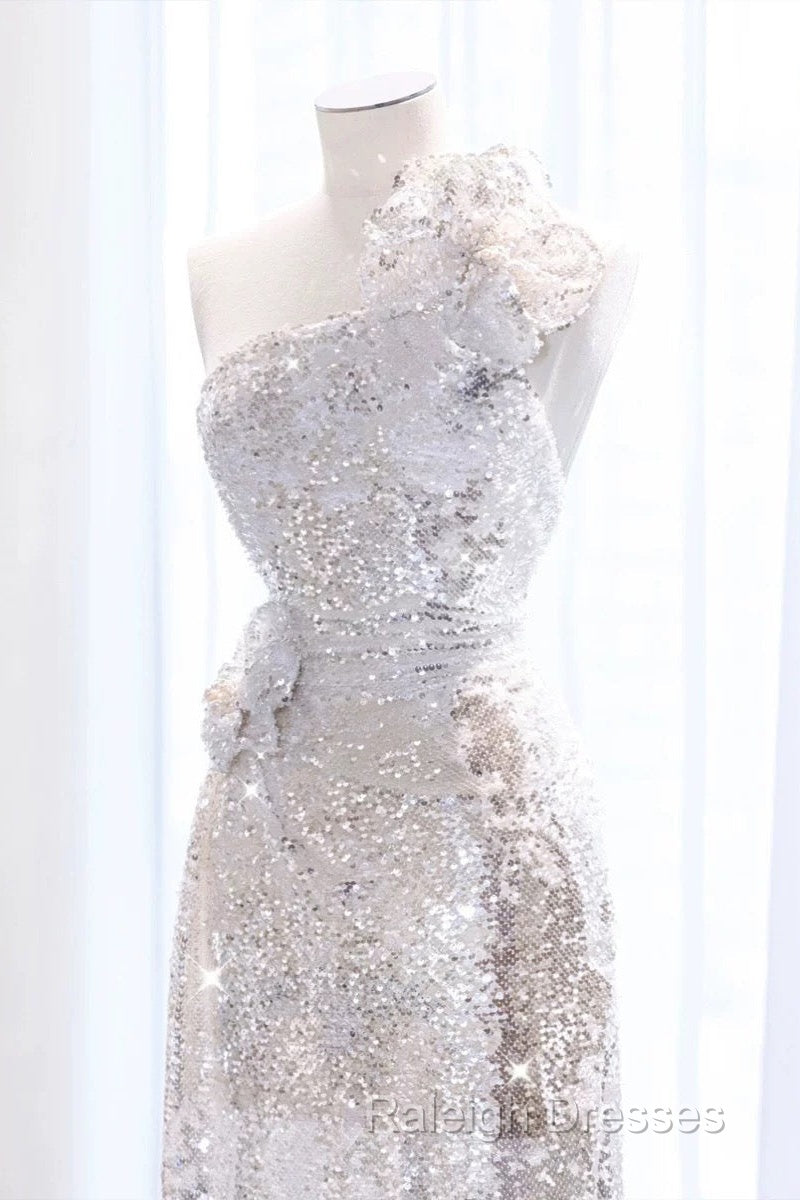 Pretty A Line One Shoulder Silver Sequin Long Length Evening Dress Prom Dresses