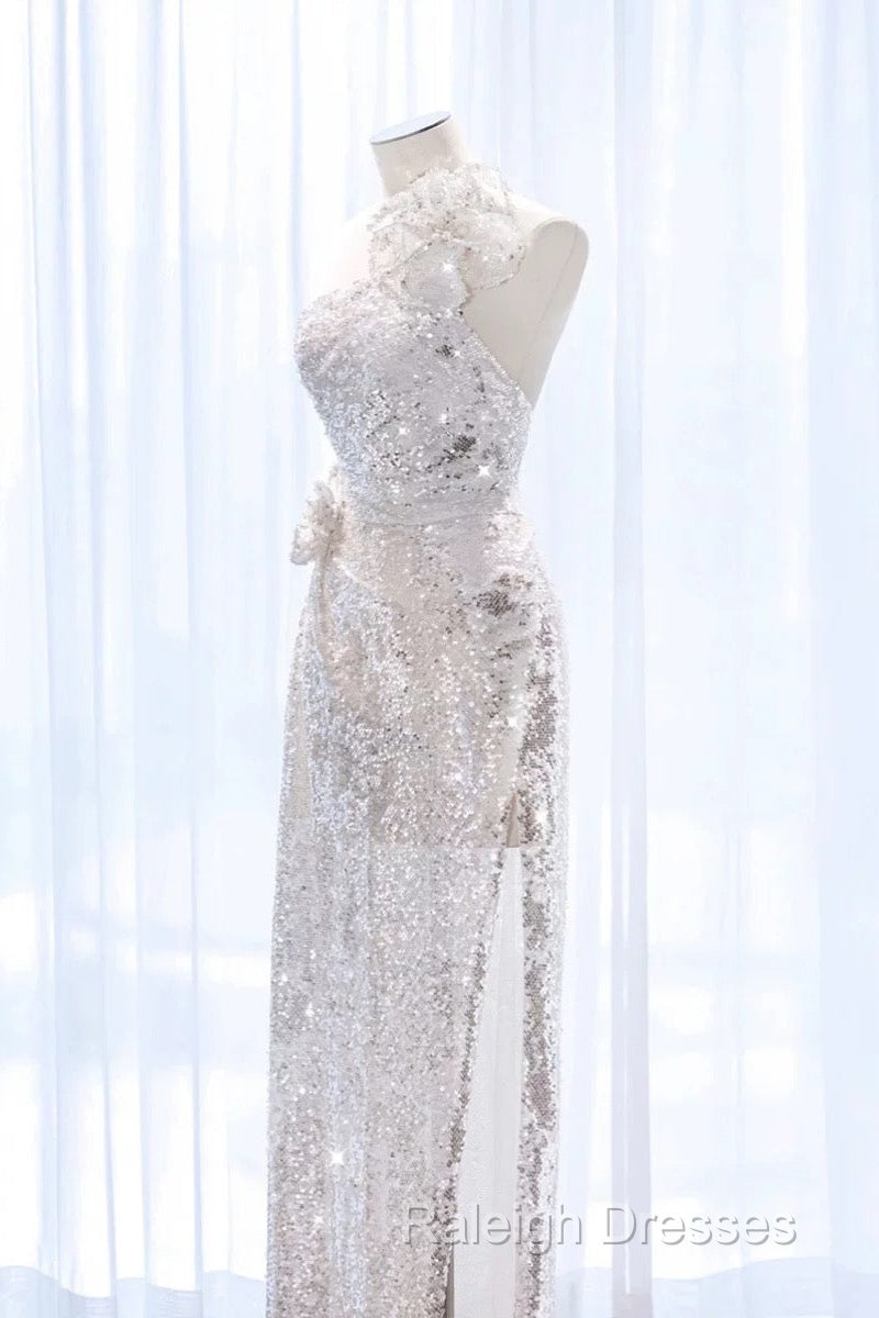 Pretty A Line One Shoulder Silver Sequin Long Length Evening Dress Prom Dresses