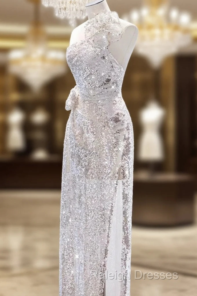 Pretty A Line One Shoulder Silver Sequin Long Length Evening Dress Prom Dresses