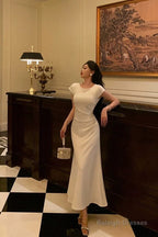 Pretty A Line Scoop Pleated White Prom Dresses Birthday Outfits Evening Gown