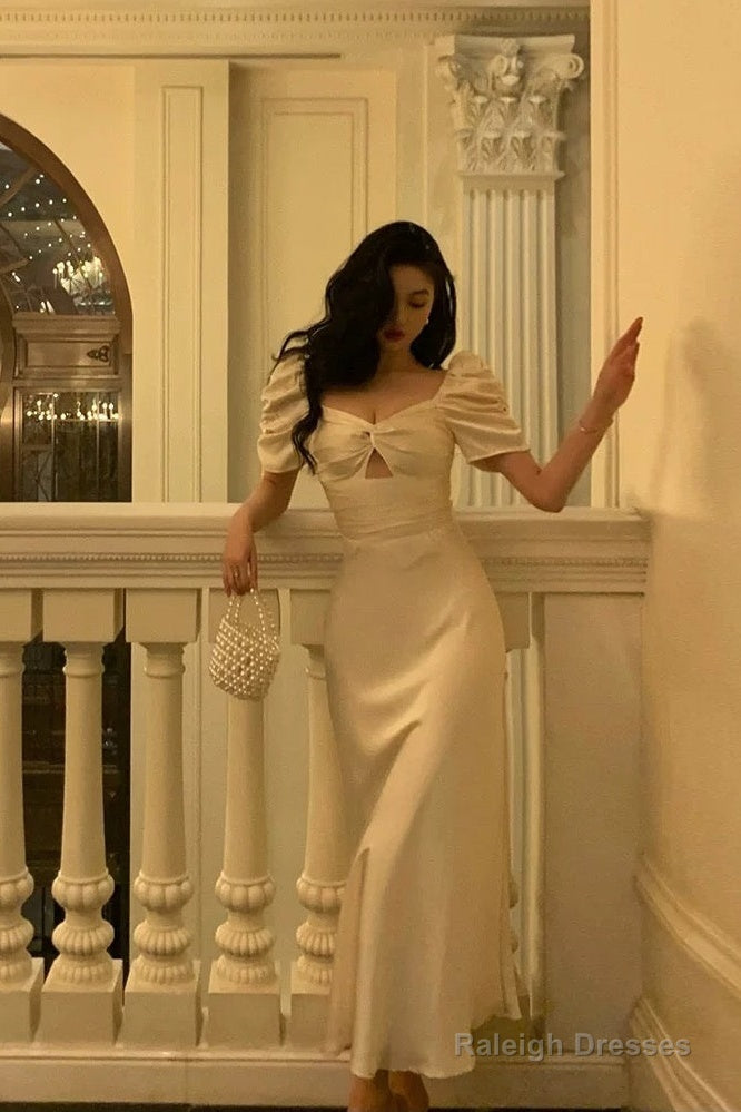Pretty A-Line Short Sleeves Ivory Ankle Length Prom Dress Birthday Outfits