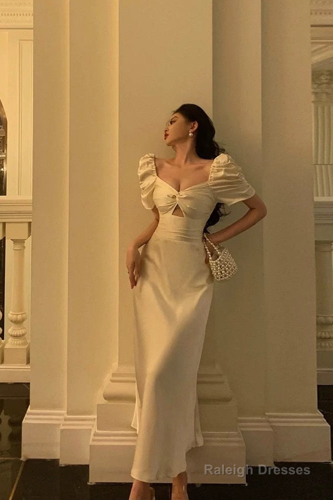 Pretty A-Line Short Sleeves Ivory Ankle Length Prom Dress Birthday Outfits