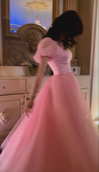 Pretty A-Line Short Sleeves Pink Tulle Prom Dress Long Prom Dresses