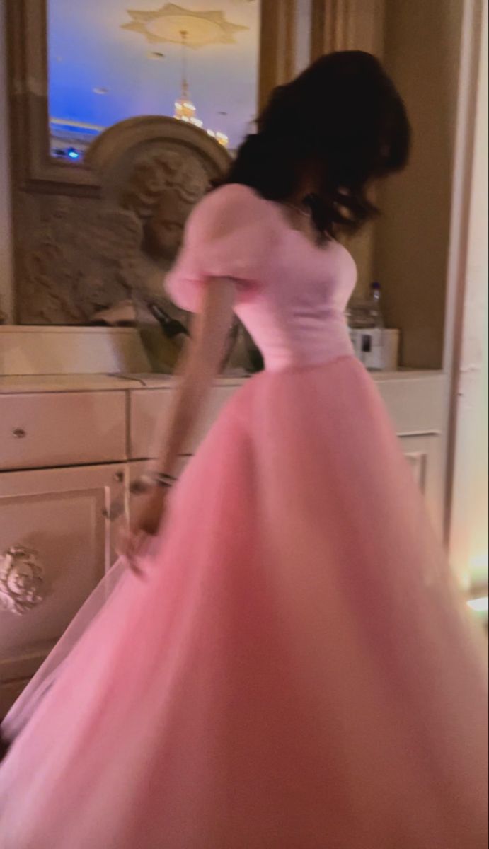 Pretty A-Line Short Sleeves Pink Tulle Prom Dress Long Prom Dresses