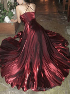 Pretty A Line Spaghetti Straps Burgundy Satin Prom Dresses Evening Gowns Birthday Dress