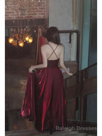 Pretty A Line Spaghetti Straps Burgundy Satin Prom Dresses Evening Gowns Birthday Dress