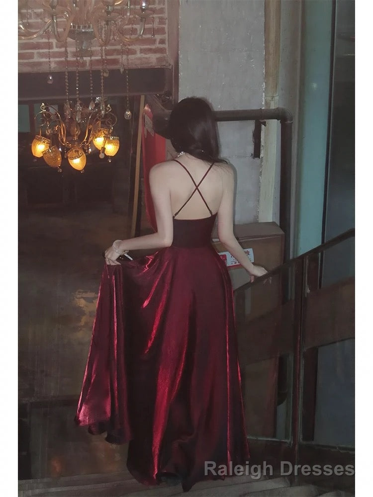 Pretty A Line Spaghetti Straps Burgundy Satin Prom Dresses Evening Gowns Birthday Dress
