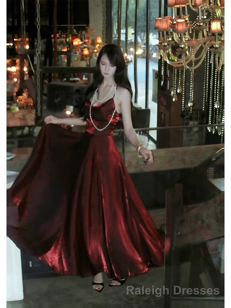 Pretty A Line Spaghetti Straps Burgundy Satin Prom Dresses Evening Gowns Birthday Dress