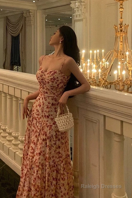 Pretty A Line Spaghetti Straps Chiffon Floral Sleeveless Date Night Dress Prom Dresses Birthday Party Outfit Main image