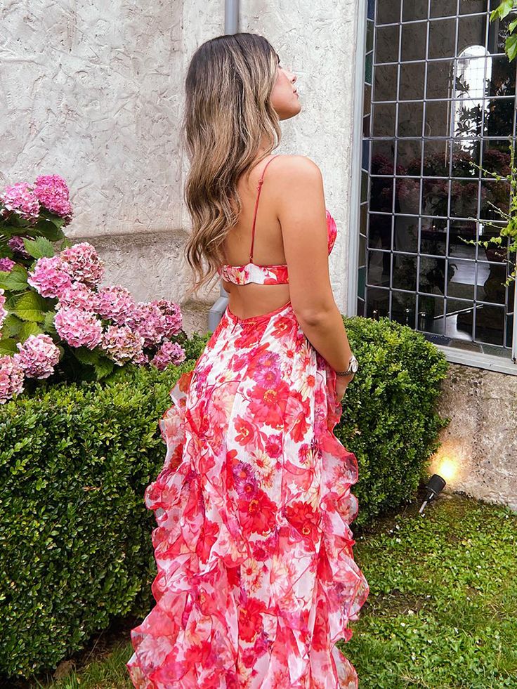 Pretty A-Line Spaghetti Straps Floral Red Sleeveless Ruffles Prom Dress