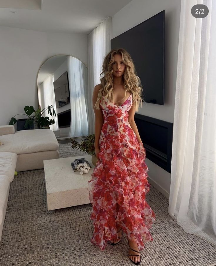 Pretty A-Line Spaghetti Straps Floral Red Sleeveless Ruffles Prom Dress