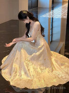 Pretty A Line Spaghetti Straps Lace Satin Prom Dresses Prom Gown