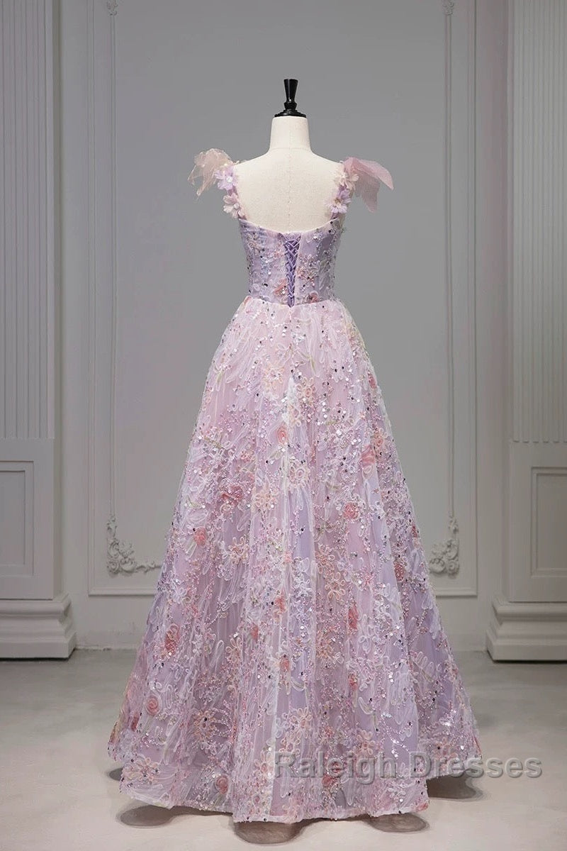 Pretty A Line Spaghetti Straps Pink Floral Long Length Evening Dress Prom Dresses