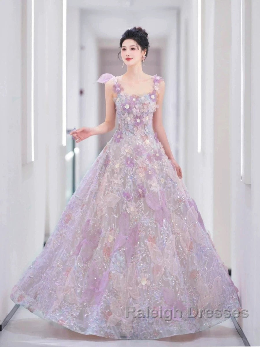 Pretty A Line Spaghetti Straps Pink Floral Long Length Evening Dress Prom Dresses