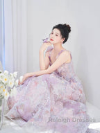 Pretty A Line Spaghetti Straps Pink Floral Long Length Evening Dress Prom Dresses