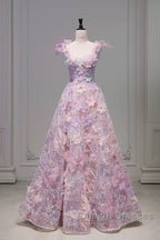 Pretty A Line Spaghetti Straps Pink Floral Long Length Evening Dress Prom Dresses