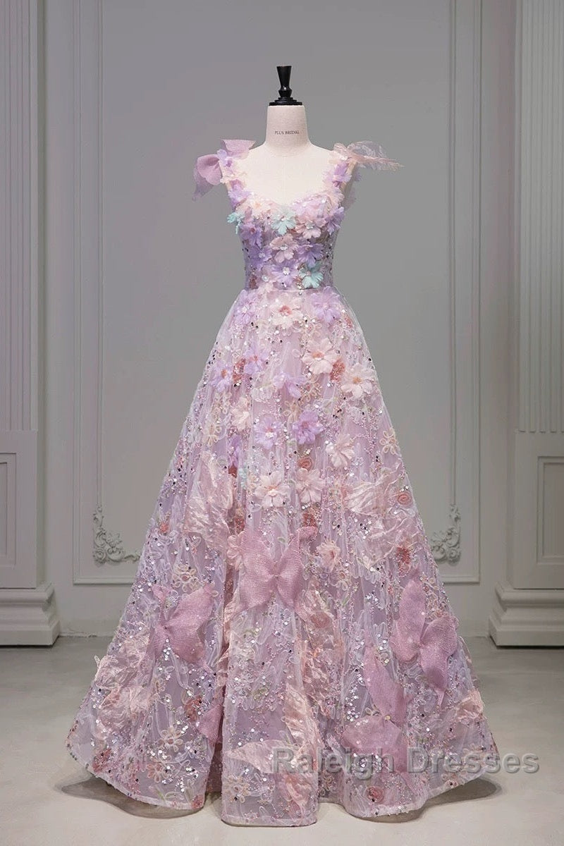 Pretty A Line Spaghetti Straps Pink Floral Long Length Evening Dress Prom Dresses