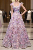 Pretty A Line Spaghetti Straps Pink Floral Long Length Evening Dress Prom Dresses