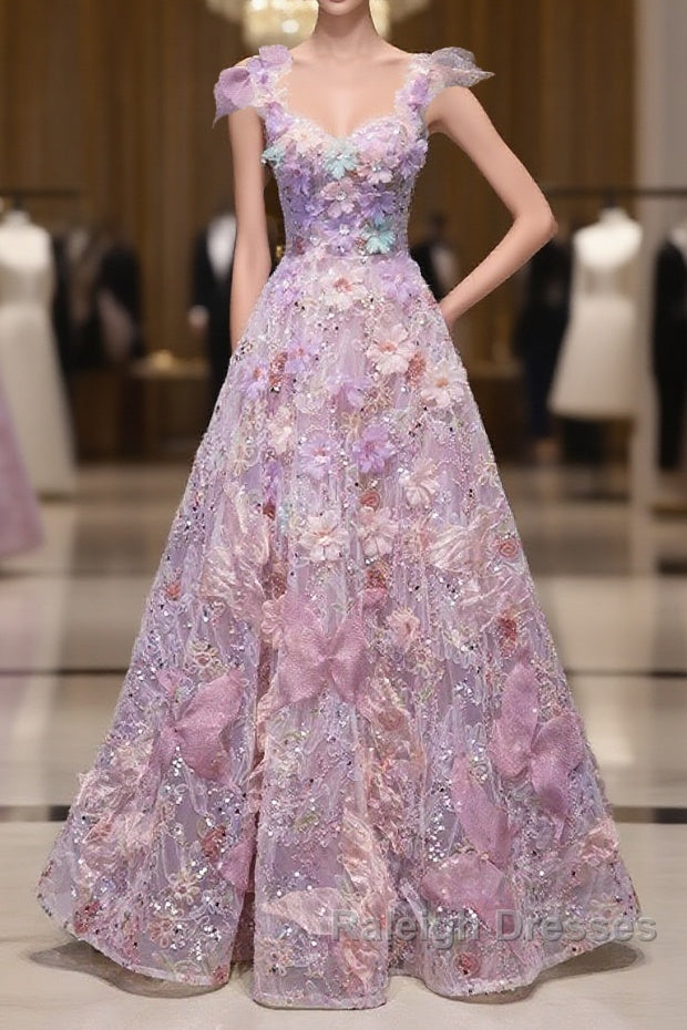 Pretty A Line Spaghetti Straps Pink Floral Long Length Evening Dress Prom Dresses