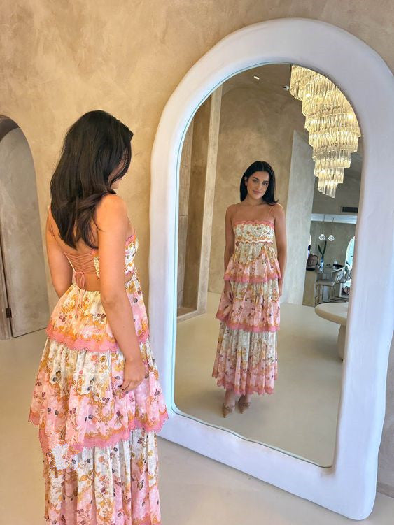 Pretty A-Line Spaghetti Straps Pink Floral Ruffles Backless Prom Dress Long Prom Dresses Secondary image