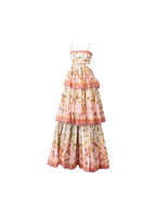 Pretty A-Line Spaghetti Straps Pink Floral Ruffles Backless Prom Dress Long Prom Dresses