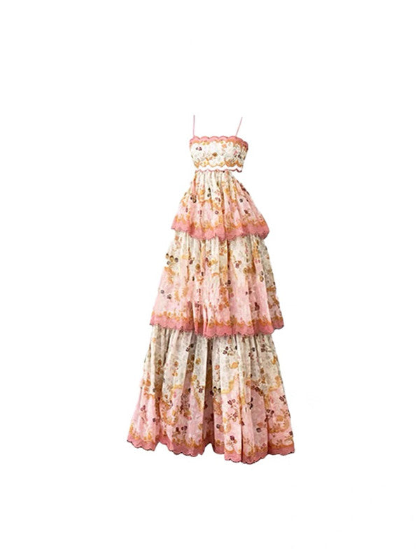Pretty A-Line Spaghetti Straps Pink Floral Ruffles Backless Prom Dress Long Prom Dresses