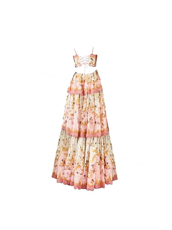 Pretty A Line Spaghetti Straps Pink Floral Ruffles Backless Long Prom Dresses Evening Dress