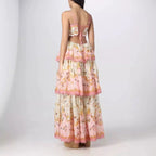 Pretty A Line Spaghetti Straps Pink Floral Ruffles Backless Long Prom Dresses Evening Dress