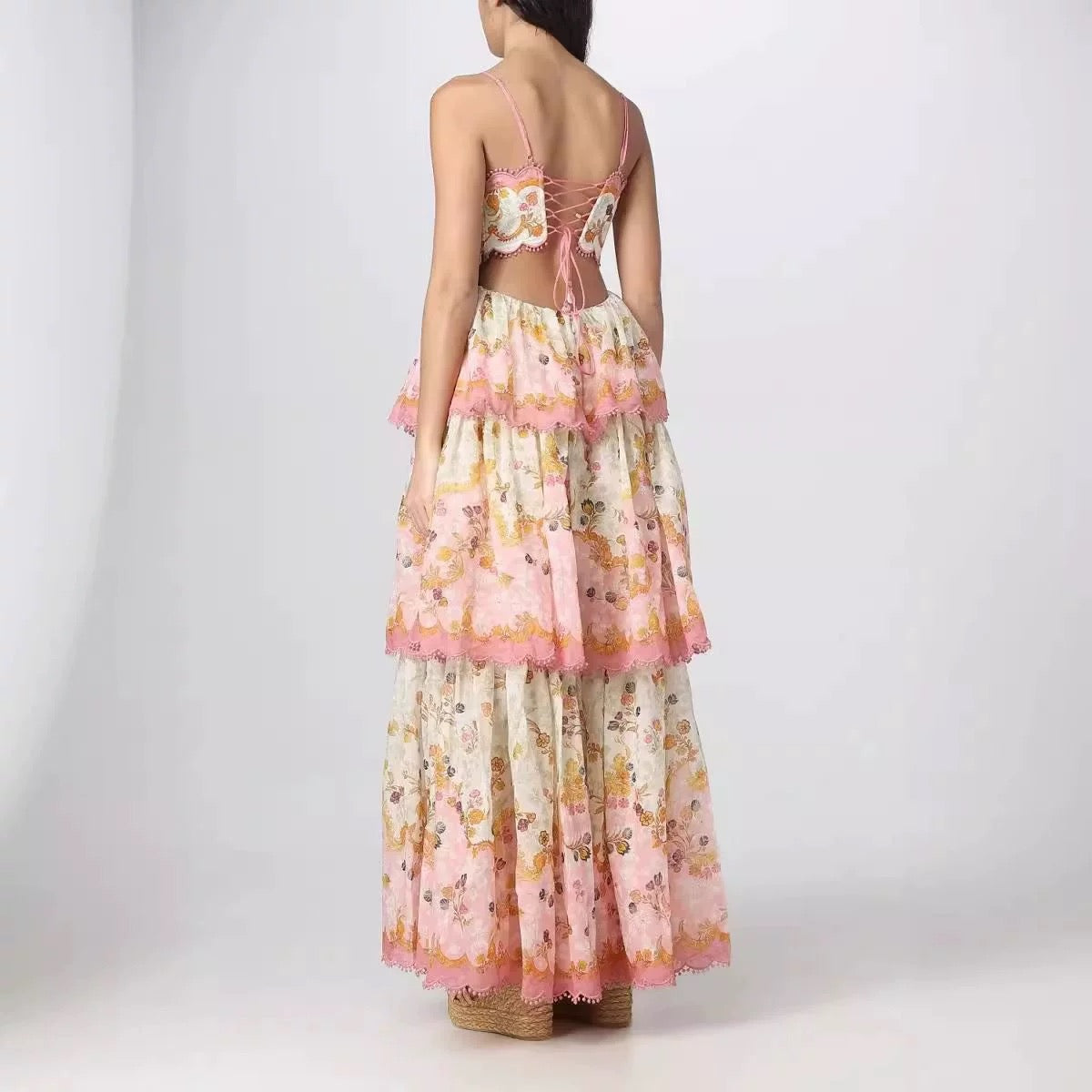 Pretty A-Line Spaghetti Straps Pink Floral Ruffles Backless Prom Dress Long Prom Dresses