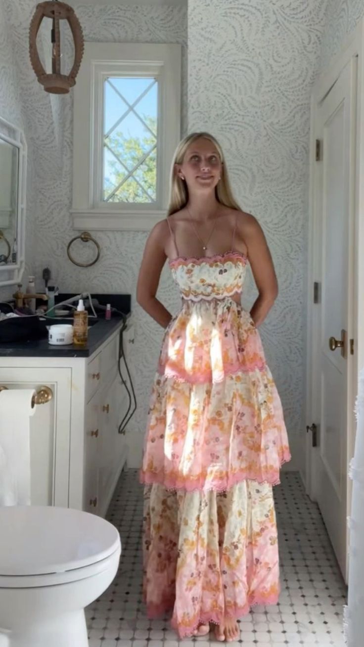 Pretty A-Line Spaghetti Straps Pink Floral Ruffles Backless Prom Dress Long Prom Dresses
