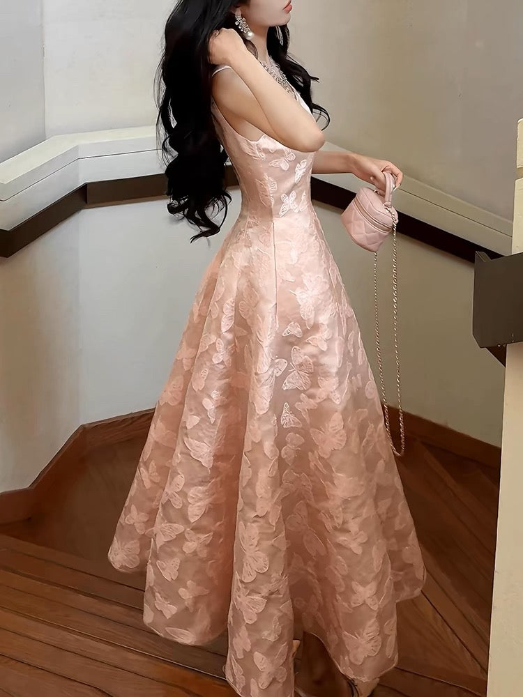 Pretty A Line Spaghetti Straps Pink Lace Satin Prom Dresses Evening Gowns Secondary image