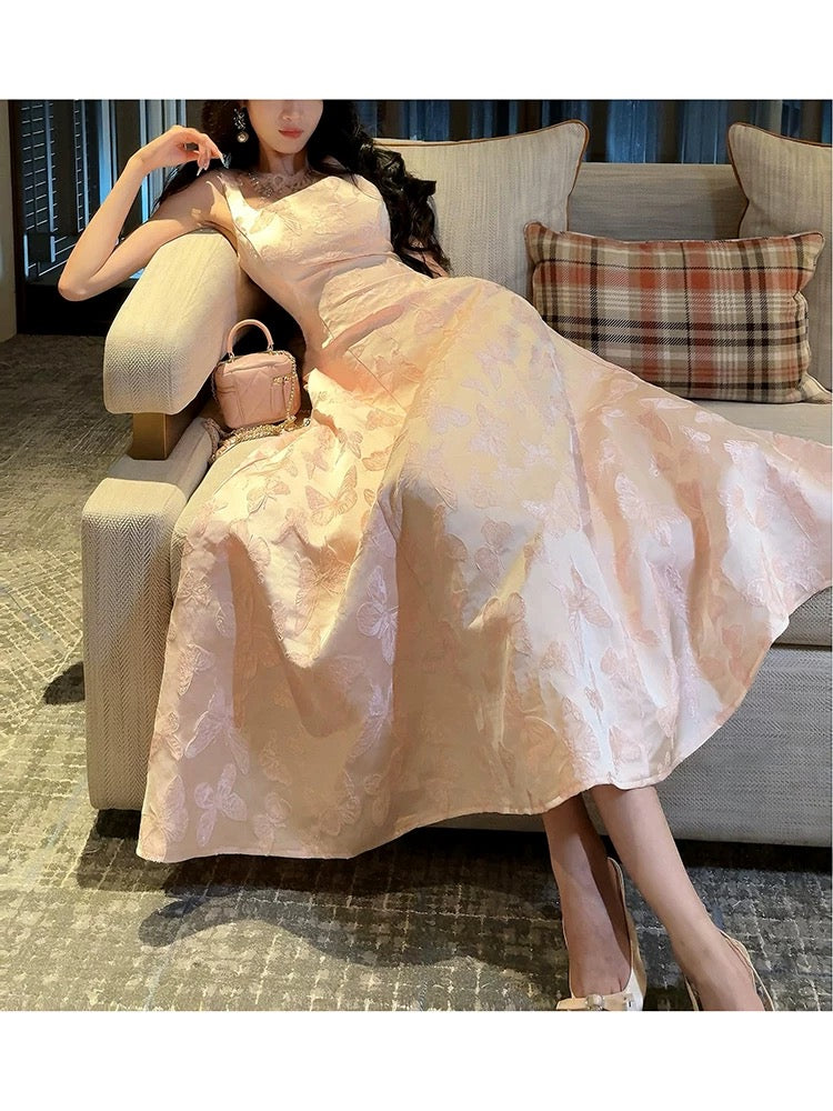 Pretty A Line Spaghetti Straps Pink Lace Satin Prom Dresses Evening Gowns