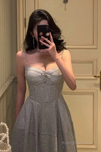 Pretty A Line Spaghetti Straps Pleated Silver Gray Sequin Prom Dresses Birthday Outfits Evening Gown